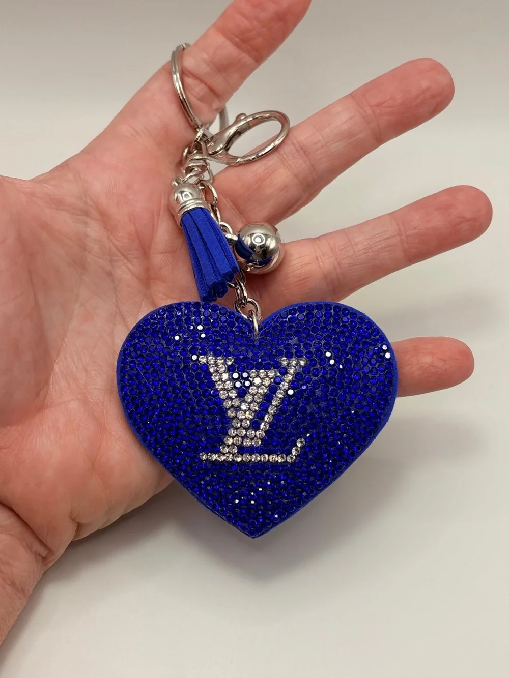 Royal Blue Crystal Heart Keychain with Silver Hardware